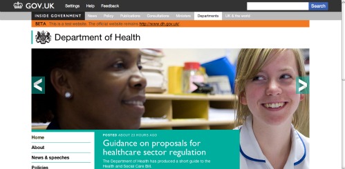 Screen grab from the Department of Health homepage on the GOV.UK Beta