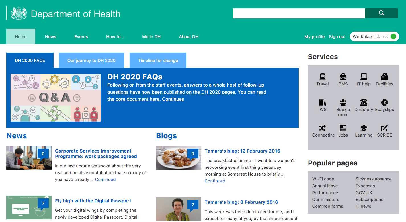 DH intranet homepage screenshot