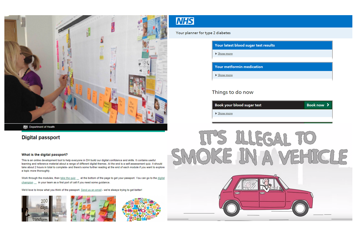 Work on the having a baby project, NHS.UK alpha, digital passport and smoking in cars animation