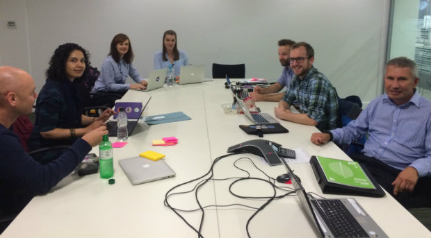 The assessor panel and observers: [l-r] Tony Yates, NHS Digital; Nayeema Chowdhury, DH; Hannah Wandless and Alice Rodgers, GDS; Simon Hurst, Coop Digital; Matt Harrington, DH; Andrew Jones, NHSBSA