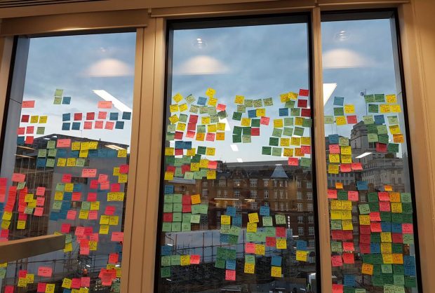 Window covered in user research post it notes