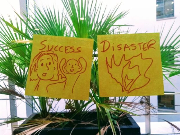 success versus disaster written on post-its