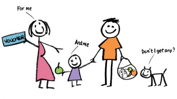 Cartoon image of a family showing a mum with a voucher saying 'for me', child saying 'and me' and dog saying 'don't I get any?' and healthy food in the dad's bag