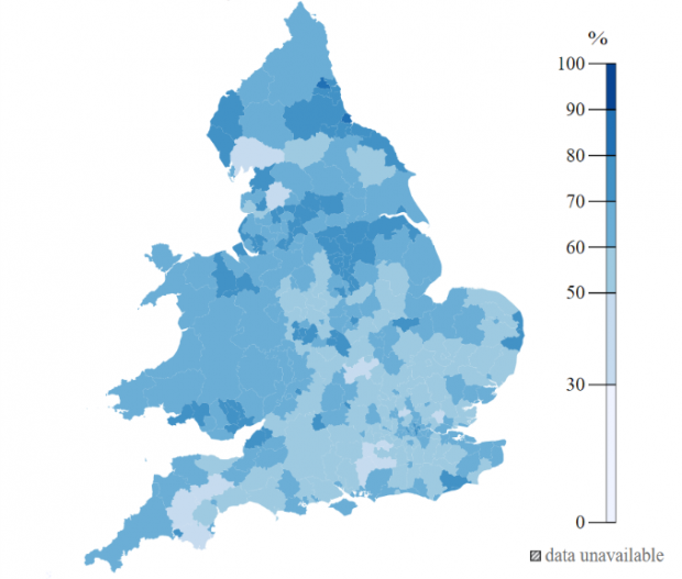 Healthy start uptake map showing the % of uptake in English and Welsh local authorities between 10 December 2018 and 6 January 2019. Uptake is higher in the north and in Wales but the picture is varied