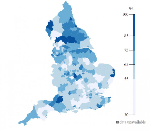 First iteration of the healthy start uptake map showing the % of uptake in English local authorities between 15 October and 11 November 2019. Uptake is higher in the north and in Wales but the picture is varied