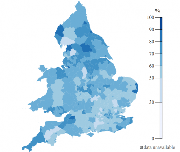 Healthy start uptake map showing the % of uptake in English and Welsh local authorities between 12 November and 9 December 2018. Uptake is higher in the north and in Wales but the picture is varied