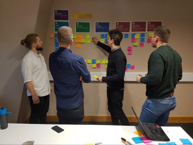 Four people add post-it notes to a board