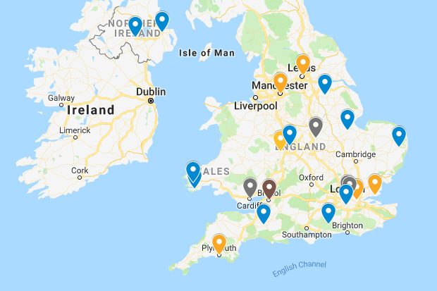 A map of the UK with pins showing where research was carried out