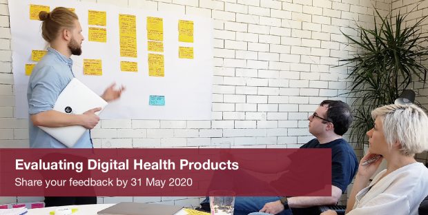Three people looking at a wall of card. There is banner across the photo that says 'Evaluating Digital Health Products. Share your feedback by 31st May 2020'.