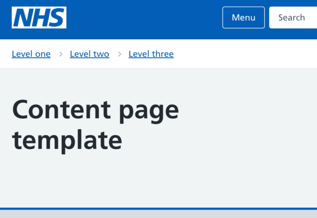 A screen grab from the NHS design system content page template. The content page template example includes navigation and search in the header and a breadcrumbs component.