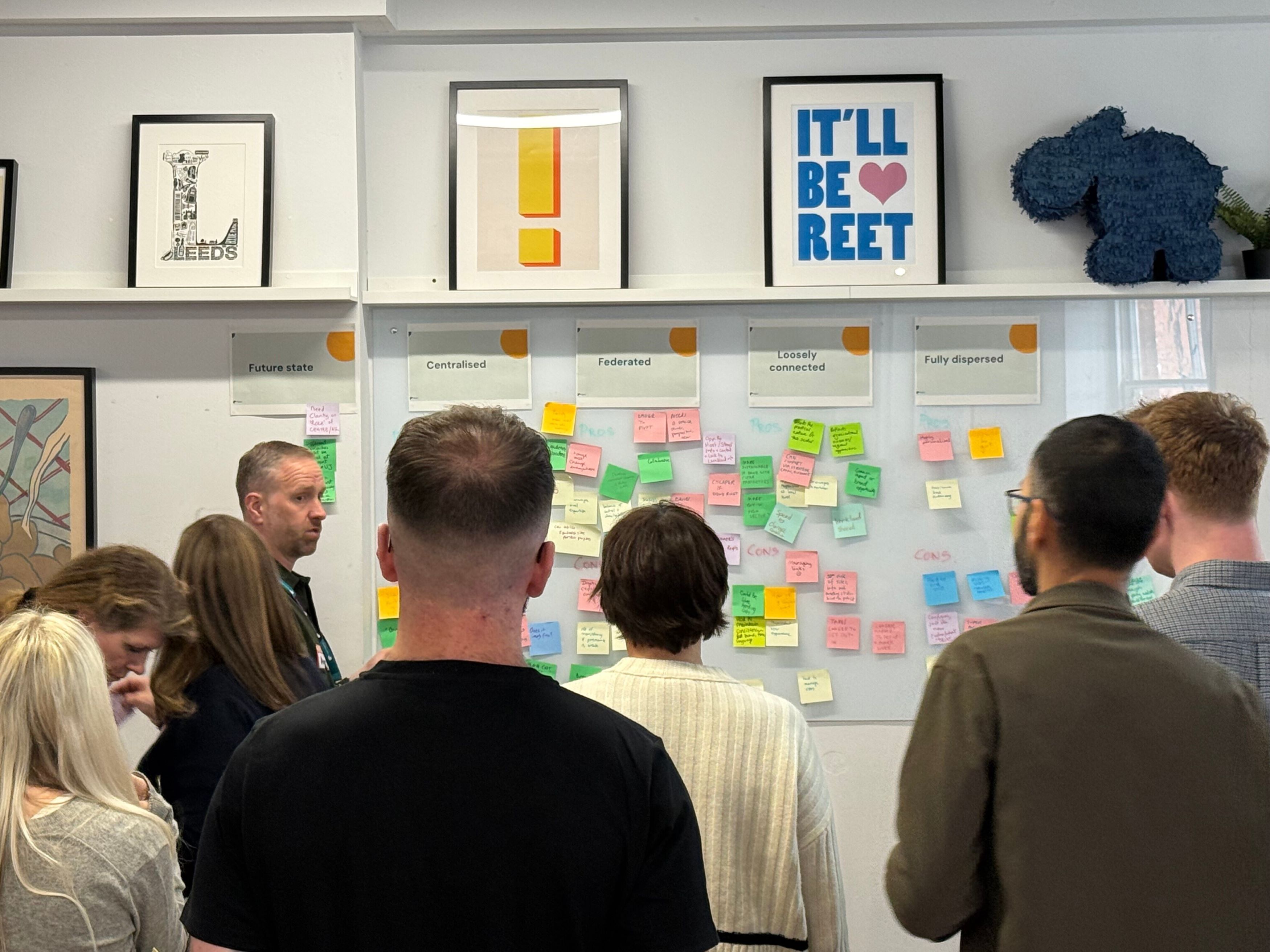 8 people in an office looking at post it notes on a whiteboard